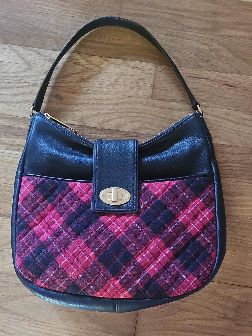 Talbots Quilted Greenwich Tartan & Leather Hobo Bag Red Wool Plaid